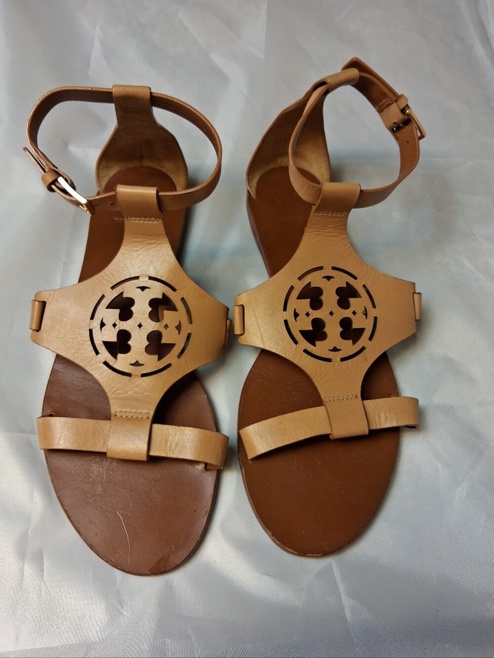 Tory Burch Zoey Tan Leather Logo Flat Sandals Size 8M